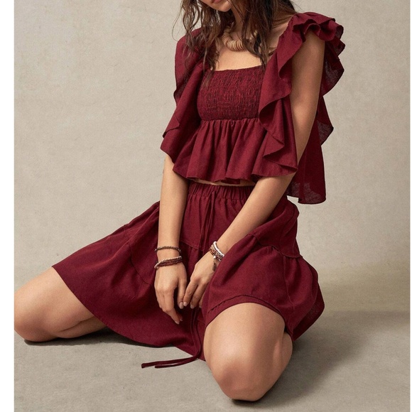 Boho Burgundy Shirred Crop Ruffle Top Mini Skirt Set - Picture 2 of 6
